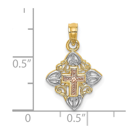 14K Two-tone with White Rhodium Cross Inside Frame Charm