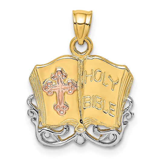 14K Two-tone and White Rhodium Open Holy Bible with Cross Charm