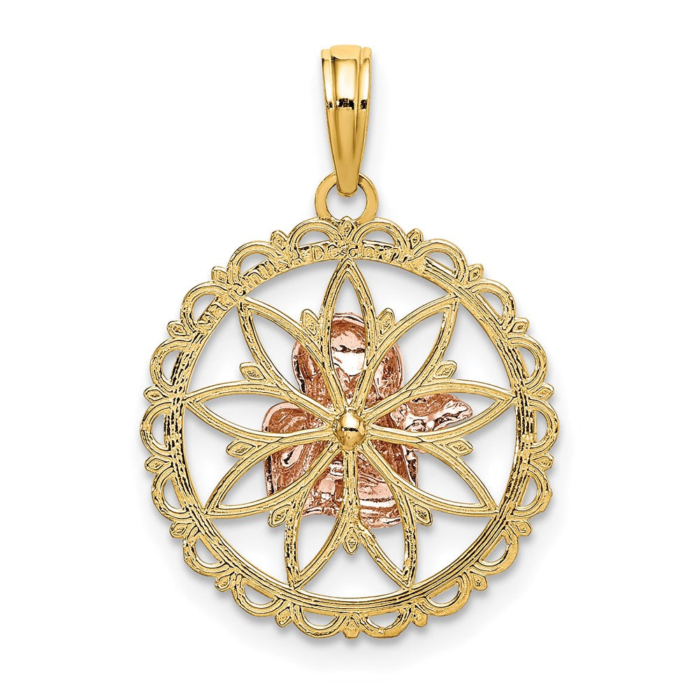14K Two-tone with White Rhodium Cut-out Angel on Round Scalloped Frame Charm