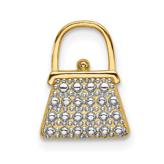 14K and White Rhodium Textured and Polished Purse Chain Slide