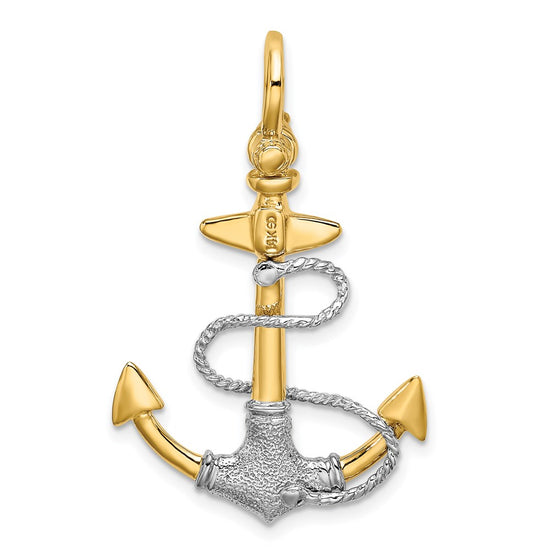14K Two-tone 3-D Textured Anchor with Rope and Shackle Bail Charm