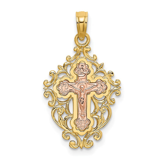 14k Two Tone with Lace Trim Crucifix Charm