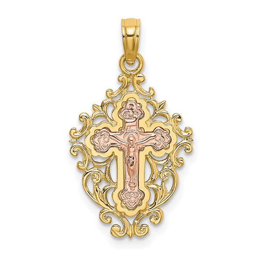 14k Two Tone with Lace Trim Crucifix Charm