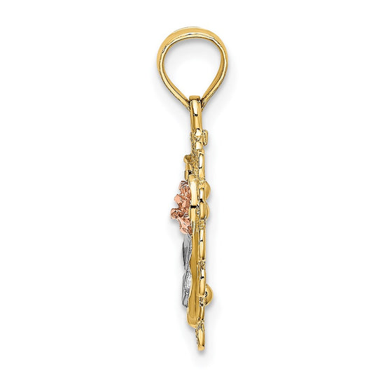 14k Two-tone with White Rhodium Heart with Rose and Lace Border Charm