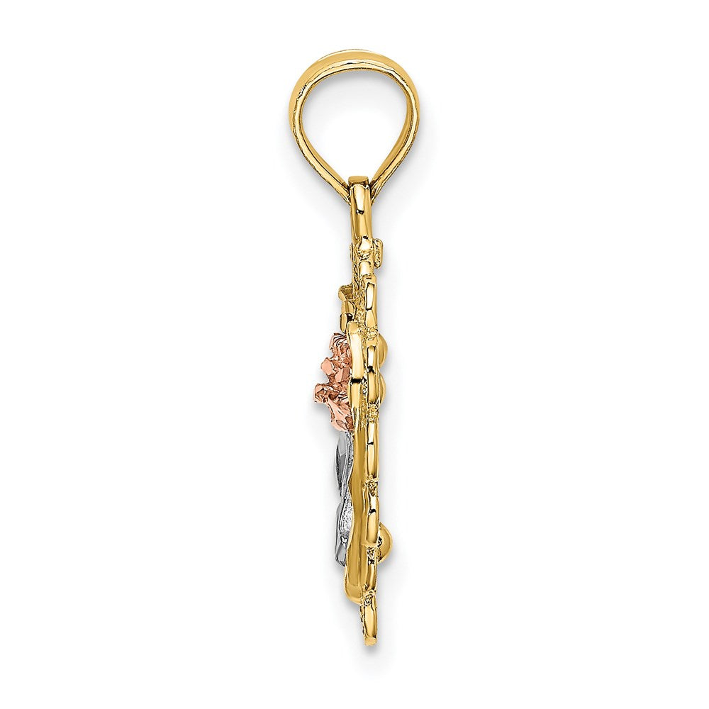 14k Two-tone with White Rhodium Heart with Rose and Lace Border Charm