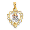 14k Two-tone with White Rhodium Heart with Rose and Lace Border Charm