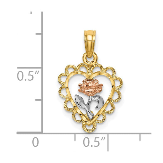 14k Two-tone with White Rhodium Heart with Rose and Lace Border Charm