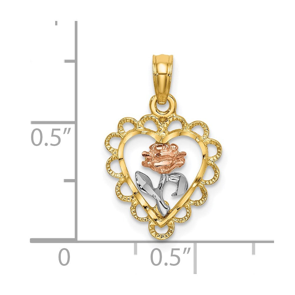 14k Two-tone with White Rhodium Heart with Rose and Lace Border Charm
