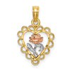 14k Two-tone with White Rhodium Heart with Rose and Lace Border Charm
