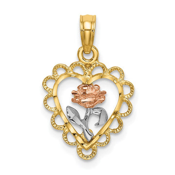 14k Two-tone with White Rhodium Heart with Rose and Lace Border Charm