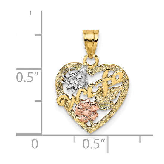 14k Two-Tone with White Rhodium #1 WIFE In Heart with Flower Charm