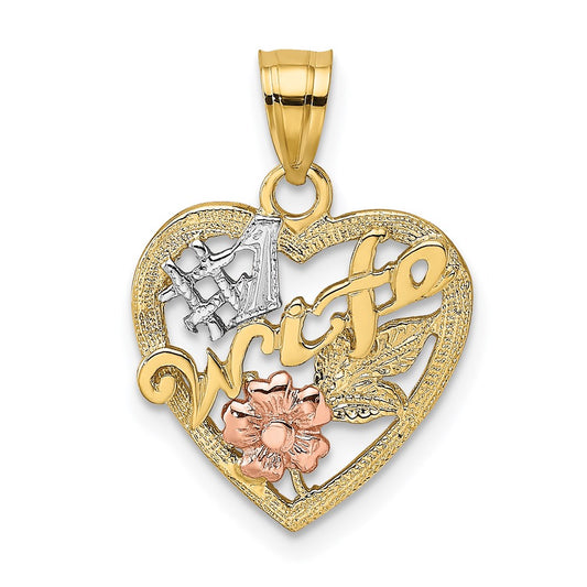 14k Two-Tone with White Rhodium #1 WIFE In Heart with Flower Charm