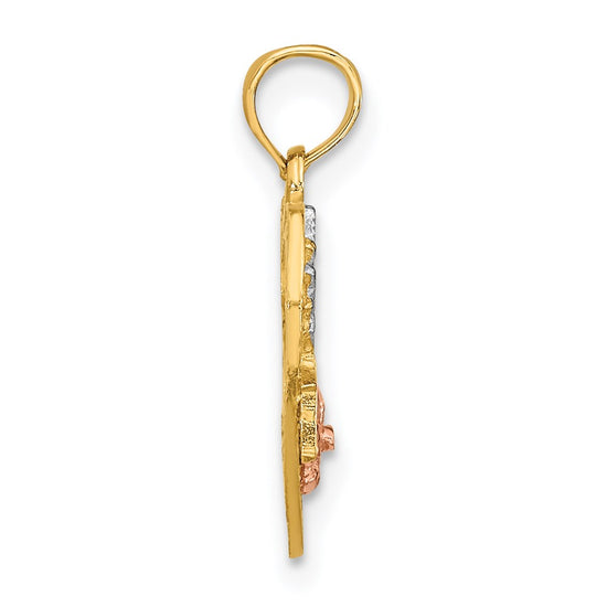 14k Two-tone with White Rhodium #1 DAUGHTER In Heart with Flowers Charm