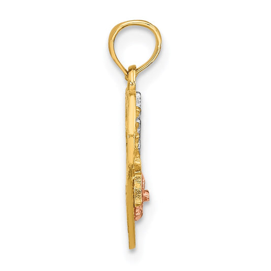 14k Two-tone with White Rhodium #1 DAUGHTER In Heart with Flowers Charm