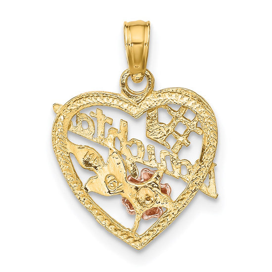 14k Two-tone with White Rhodium #1 DAUGHTER In Heart with Flowers Charm