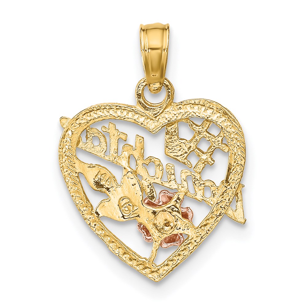 14k Two-tone with White Rhodium #1 DAUGHTER In Heart with Flowers Charm