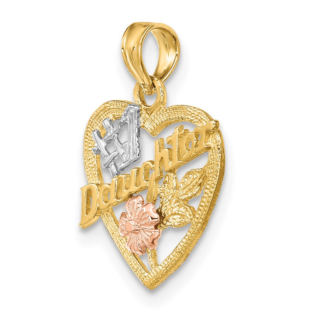 14k Two-tone with White Rhodium #1 DAUGHTER In Heart with Flowers Charm
