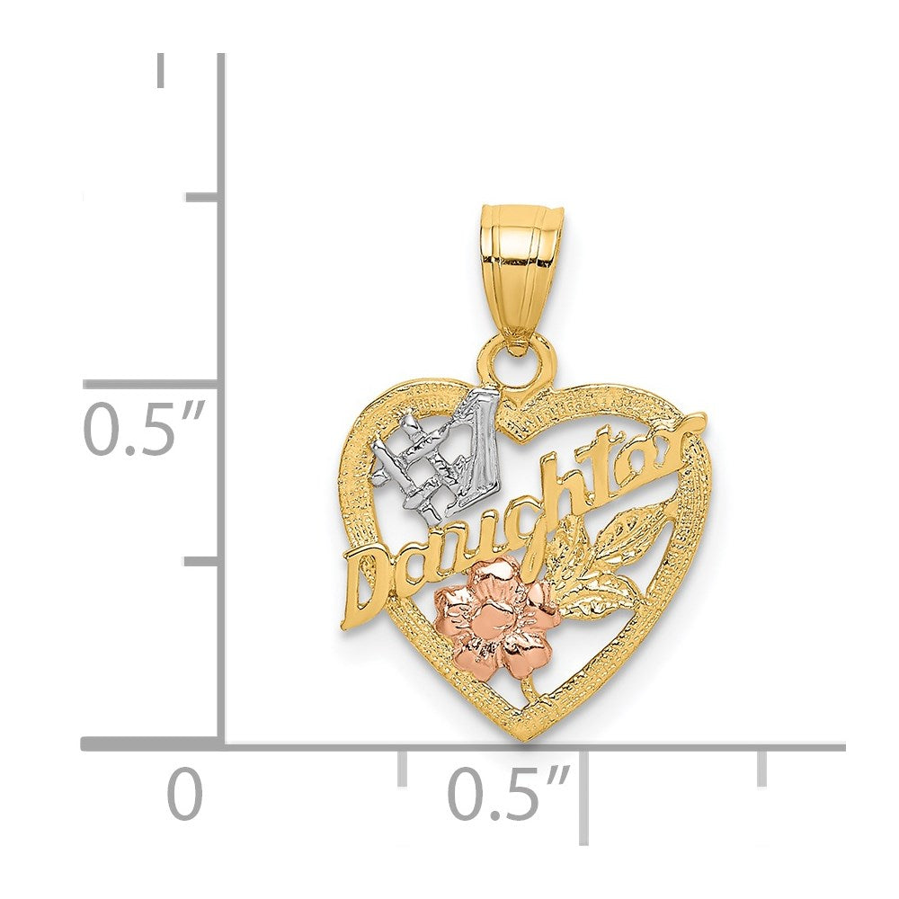14k Two-tone with White Rhodium #1 DAUGHTER In Heart with Flowers Charm