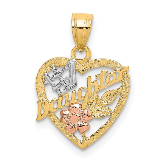 14k Two-tone with White Rhodium #1 DAUGHTER In Heart with Flowers Charm