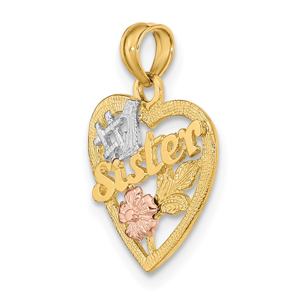 14k Two-tone with White Rhodium #1 SISTER In Heart with Flowers Charm