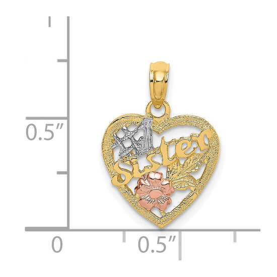 14k Two-tone with White Rhodium #1 SISTER In Heart with Flowers Charm