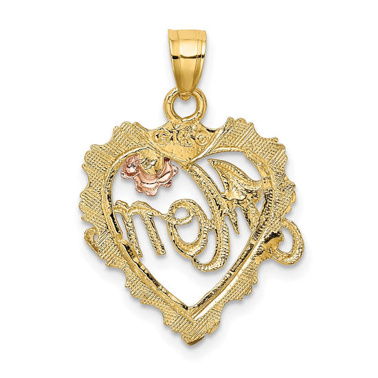 14k Two-tone with White Rhodium MOM in Heart with Flower Charm