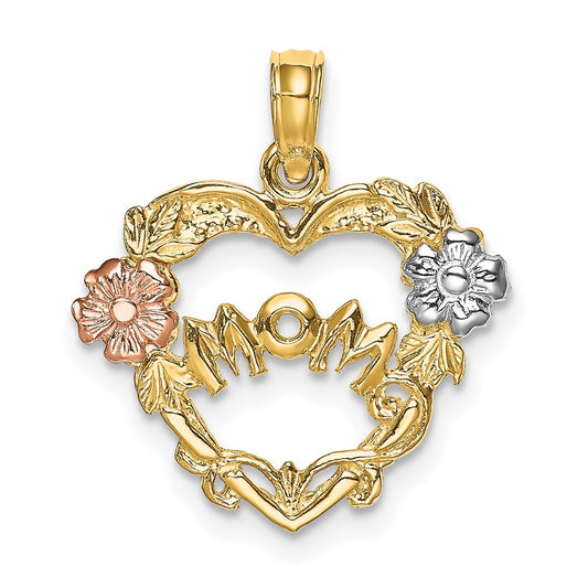 14k Two-tone with White Rhodium MOM Heart with Flowers Charm