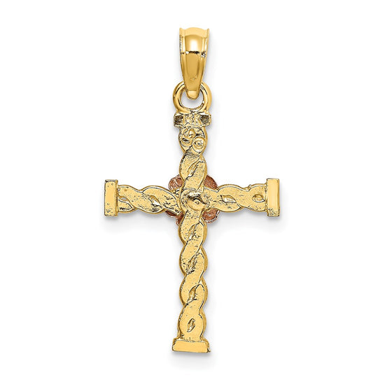 14k Two-Tone Twisted Cross with Flower Charm