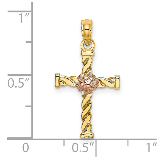 14k Two-Tone Twisted Cross with Flower Charm
