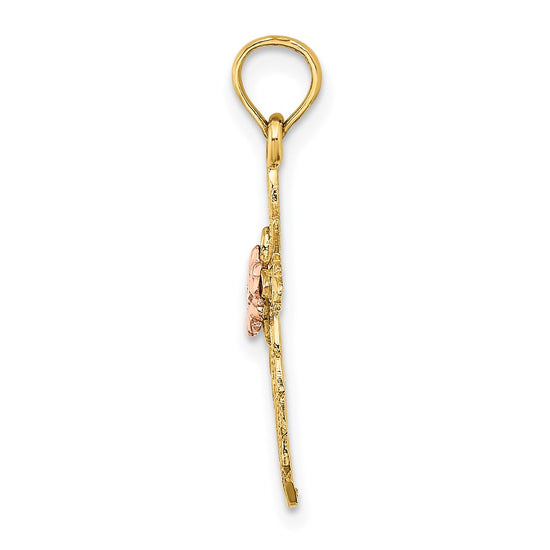 14k Two-tone Cut-Out Cross with Flower Charm