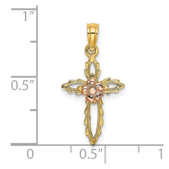 14k Two-tone Cut-Out Cross with Flower Charm