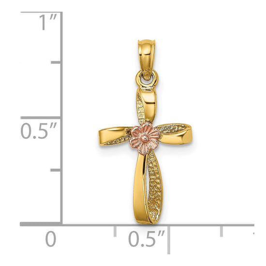 14k Two-Tone Twisted Cross with Flower Charm