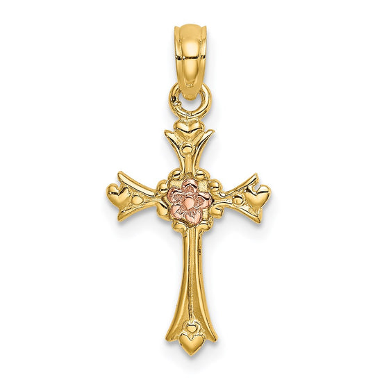 14k Two-Tone Cross with Flower Charm