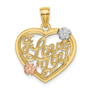 14k Two-tone and White Rhodium I LOVE YOU Heart with Flowers Charm
