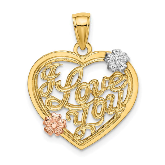 14k Two-tone and White Rhodium I LOVE YOU Heart with Flowers Charm