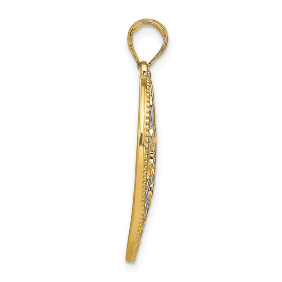 14k and White Rhodium Filigree Leaf Accent Heart Charm