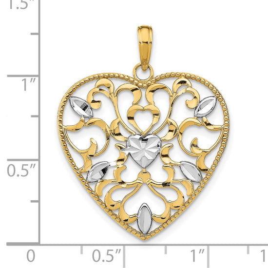 14k and White Rhodium Filigree Leaf Accent Heart Charm