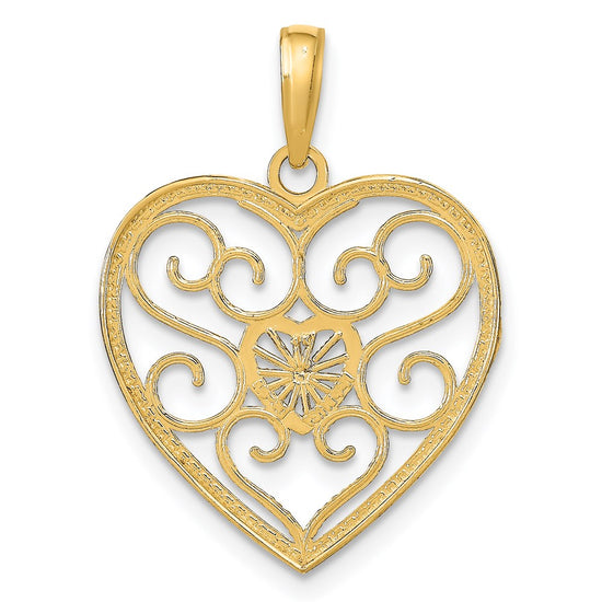 14k and White Rhodium Filigree Beaded Heart Charm