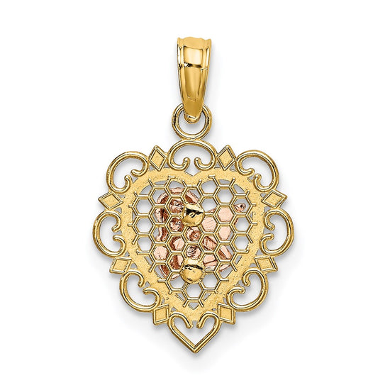 14K Two-tone and White Rhodium Small Angel In Scalloped Edge Heart Charm