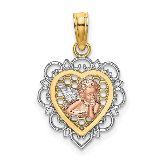 14K Two-tone and White Rhodium Small Angel In Scalloped Edge Heart Charm