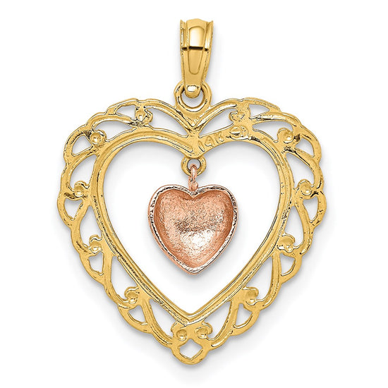 14k Yellow and Rose Polished Dangling Heart In Heart Charm