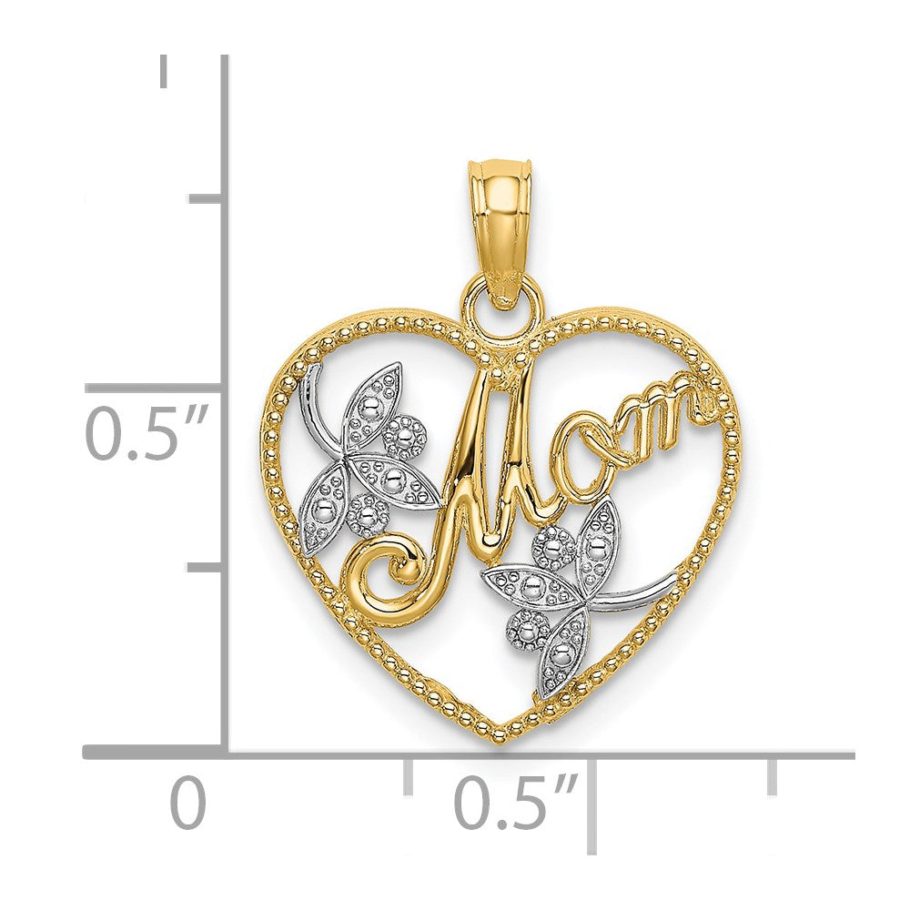 14k with White Rhodium Textured Heart with MOM Charm
