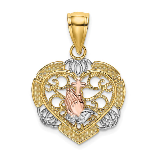 14K Two-tone and White Rhodium Praying Hands and Cross in Heart Charm