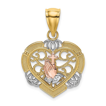14K Two-tone and White Rhodium Praying Hands and Cross in Heart Charm
