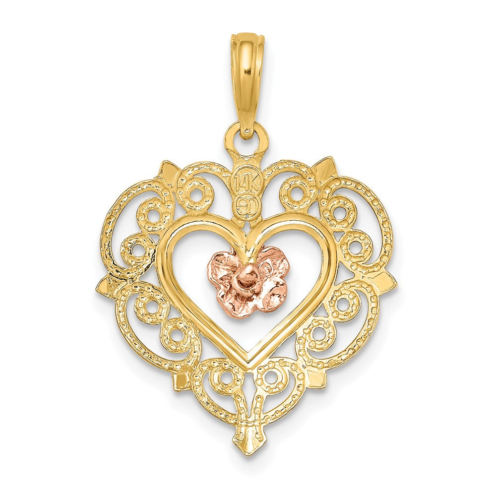 14k Yellow and Rose Flower in Heart Charm