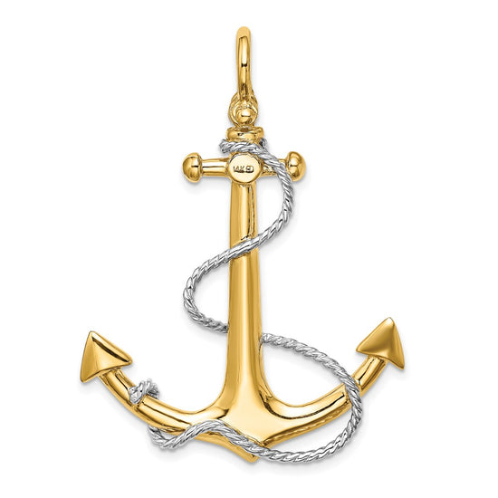 14K and White Rhodium 3-D Large Anchor with Rope and Shackle Bail Charm
