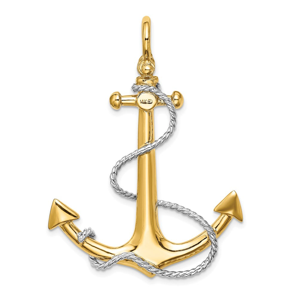 14K and White Rhodium 3-D Large Anchor with Rope and Shackle Bail Charm