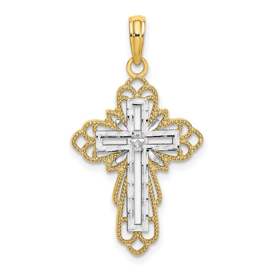 14K with Rhodium Lace Trim Cross Charm