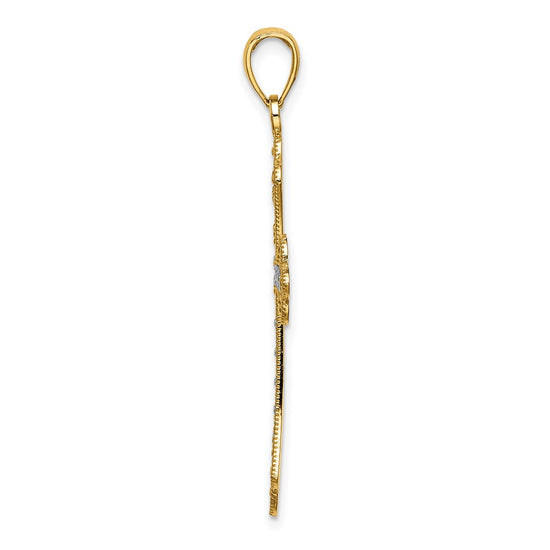 14K with White Rhodium Scalloped Edges Cross Charm
