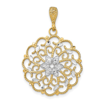 14K and White Rhodium Diamond-cut Scalloped Wave Charm